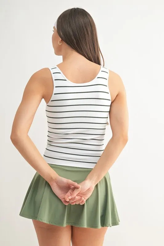 MONO B classic seamless ribbed tank top, white with black horizontal stripes (back view)