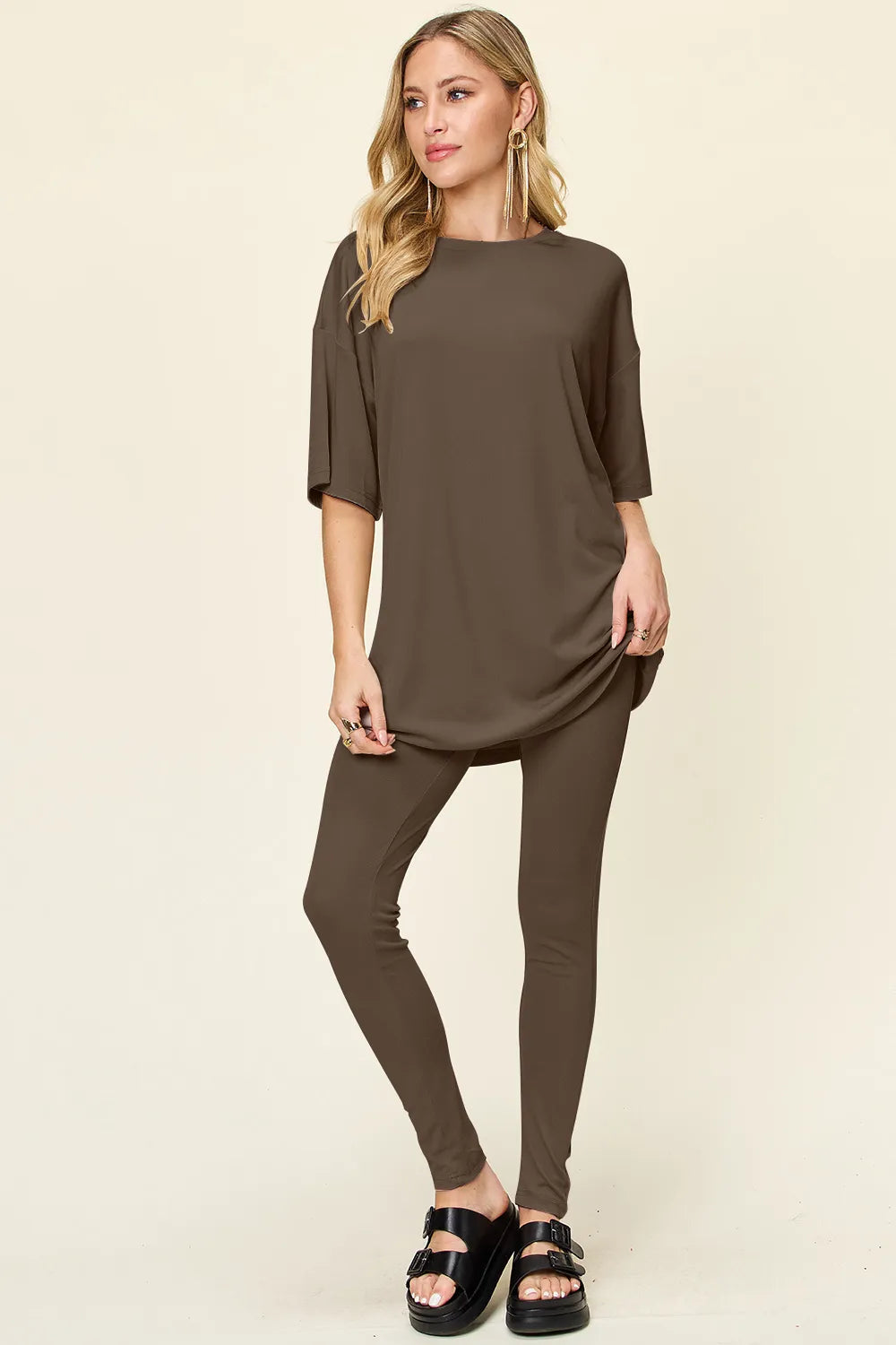 Mocha tunic T-shirt and slim leggings set, round neck, side drape