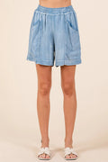 Washed chambray shorts with elastic waist, light denim blue, side patch pockets