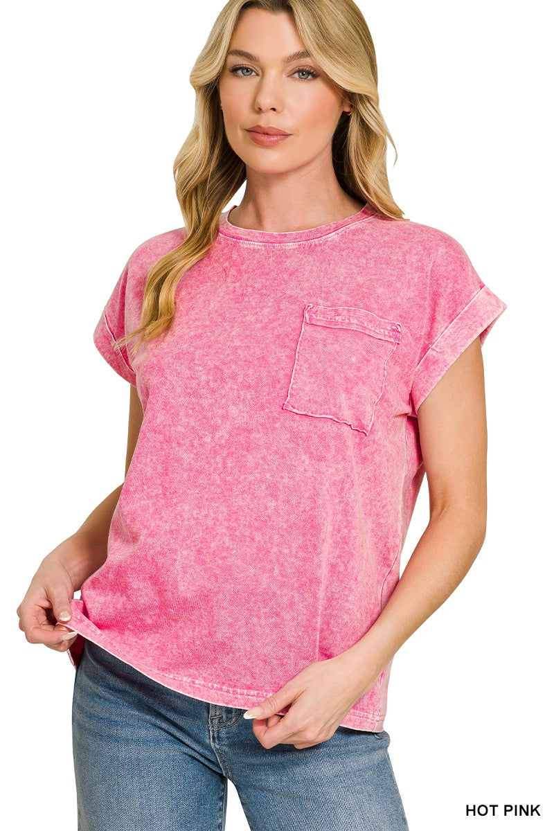 HOT PINK snow-washed short-sleeve tee with chest pocket