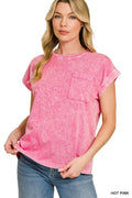 HOT PINK snow-washed short-sleeve tee with chest pocket