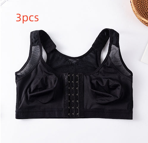 Black front-closure sports bra with hook-and-eye band and padded cups