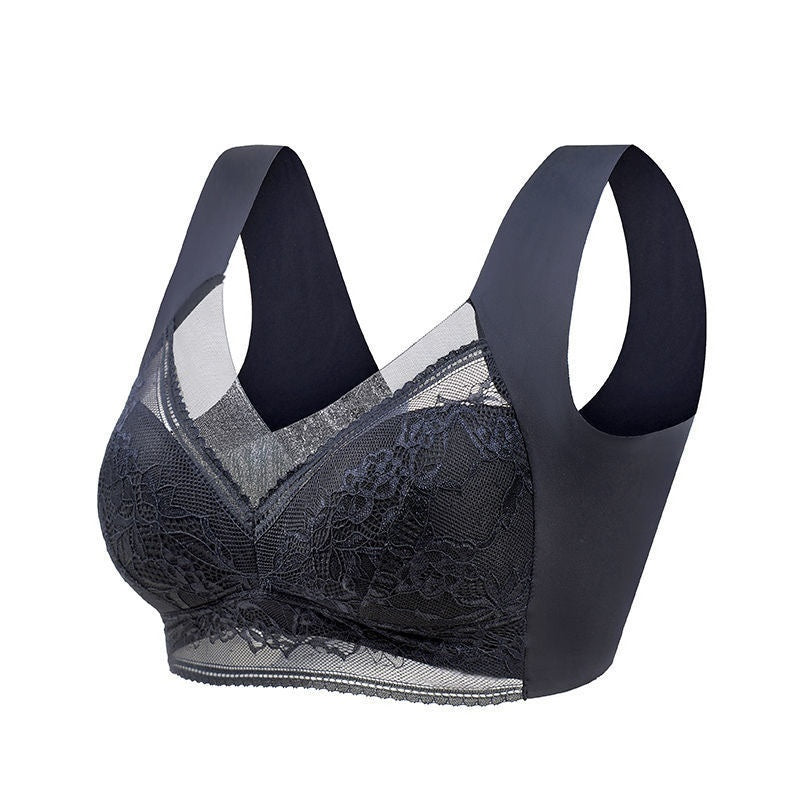 Lace wireless push-up bra in black with floral lace cups and wide smoothing straps