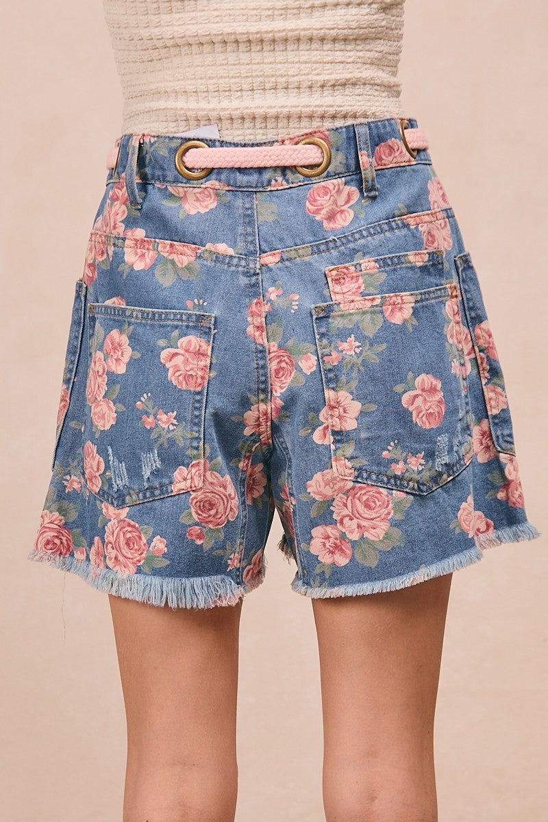 Denim shorts with pink rose floral print, patch pockets, braided waist tie