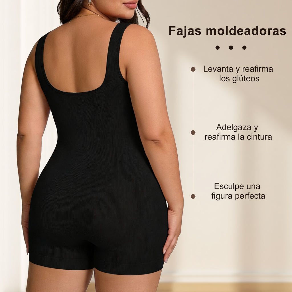 Black womens compression waist trainer bodysuit in back view with scoop neckline and shorts