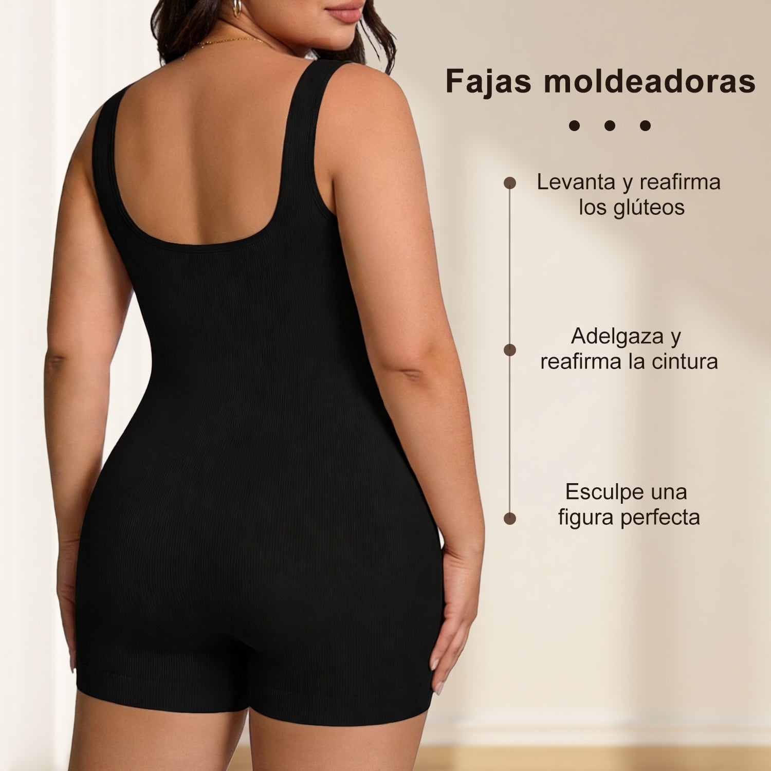 Black womens compression waist trainer bodysuit in back view with scoop neckline and shorts