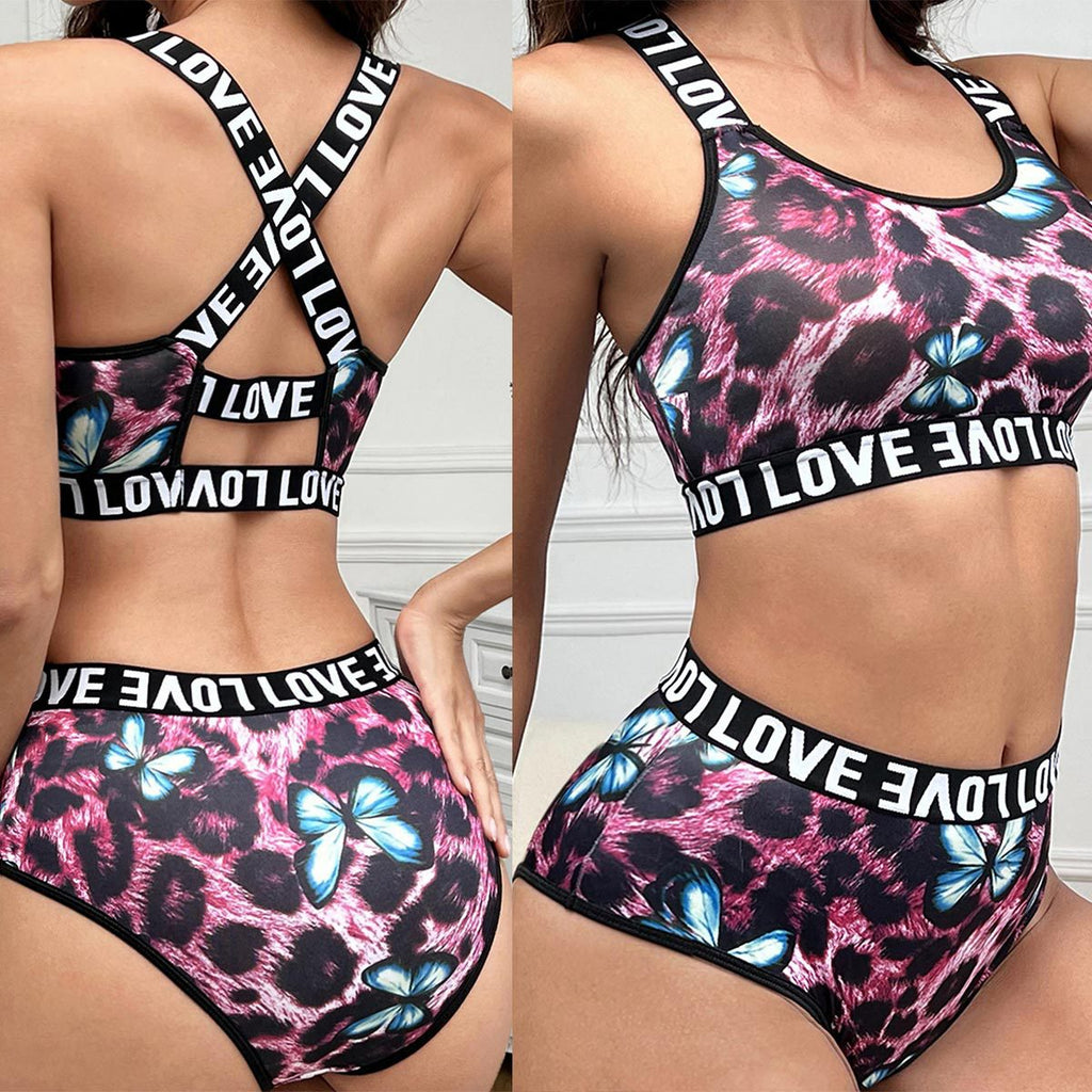 Leopard print bralette and high-waist briefs set with blue butterflies, black trim, LOVE band