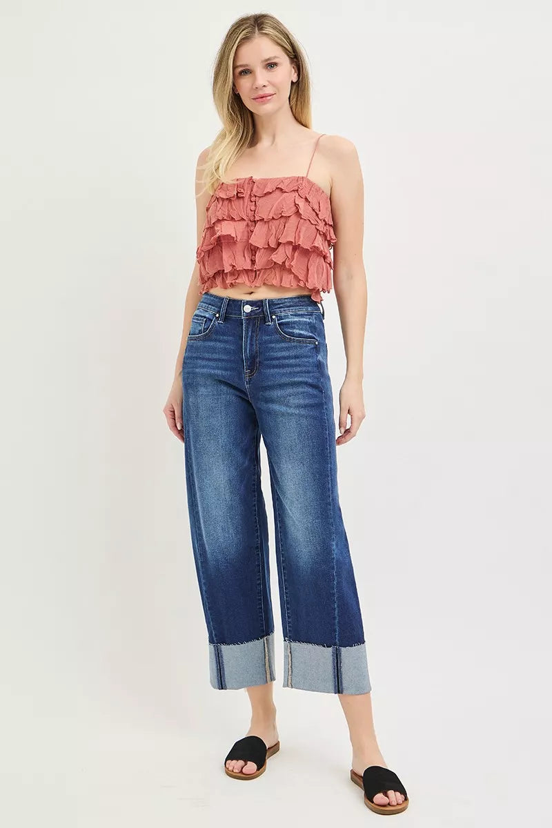 Dunkelblaue Jeans cropped, weites Bein, hell abgesetzter Saum-Umschlag