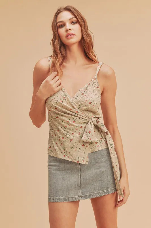 Surplice wrap cami top with tie front and spaghetti straps, ditsy floral