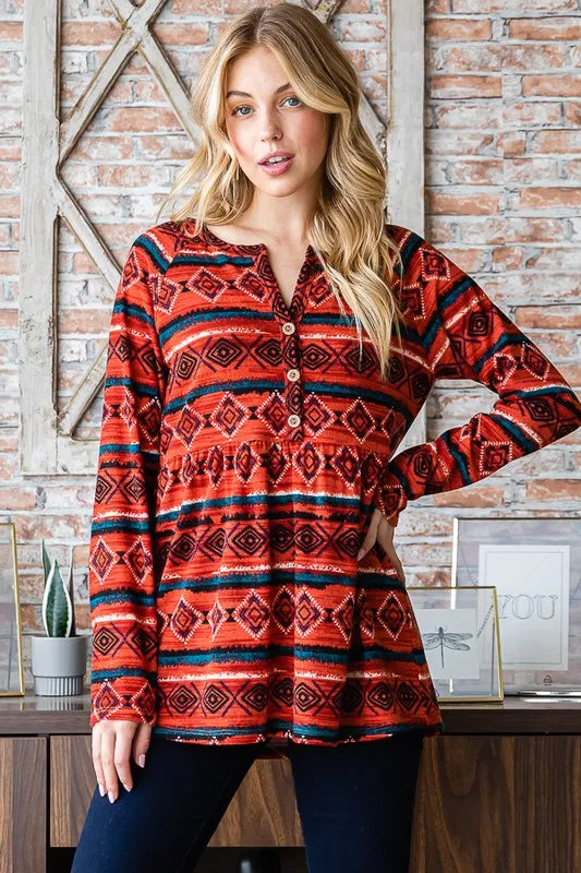 Long-sleeve geometric babydoll top with button front and all-over diamond pattern