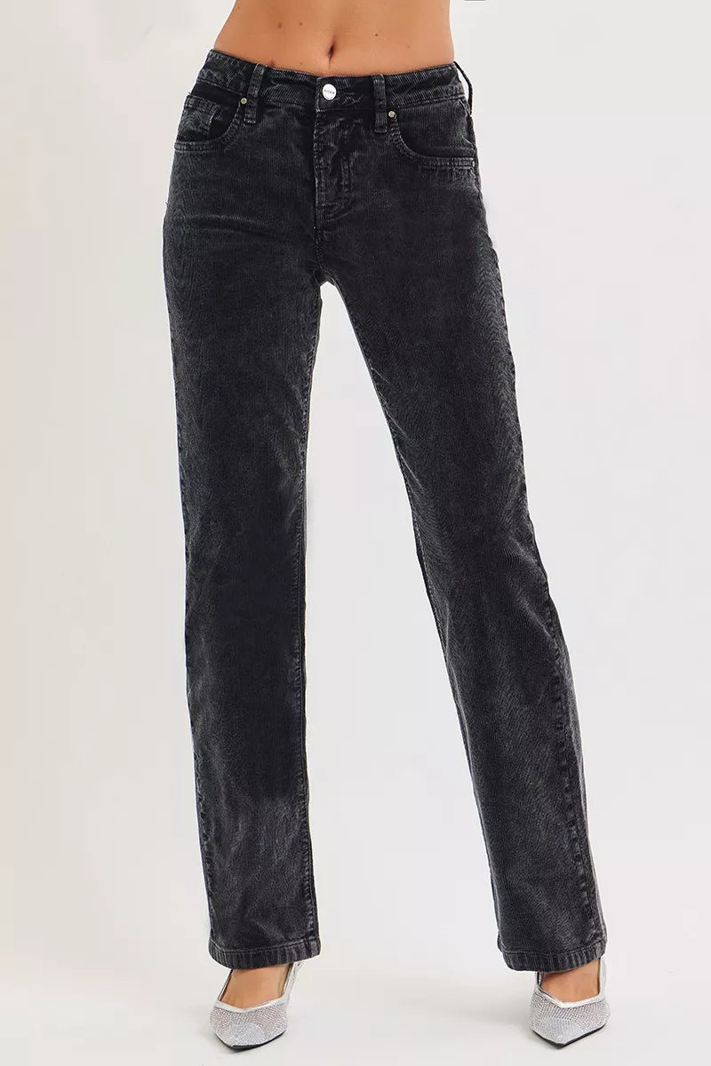 Midnight corduroy straight-leg jeans, mid-rise waist, button closure, front pockets