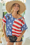 Amerikanische Flaggen-Kurzarmshirt, Navy/Rot, Rundhalsausschnitt, Trendsi