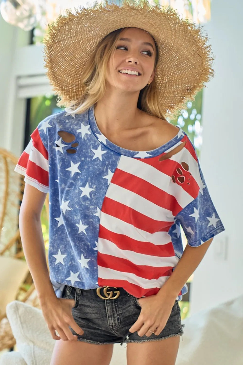 Amerikanische Flaggen-Kurzarmshirt, Navy/Rot, Rundhalsausschnitt, Trendsi