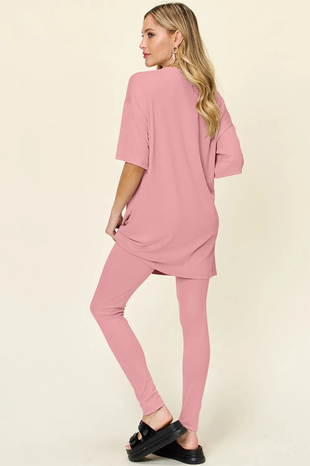 Dusty pink long T-shirt hem and slim leggings set, round neck, dropped shoulder