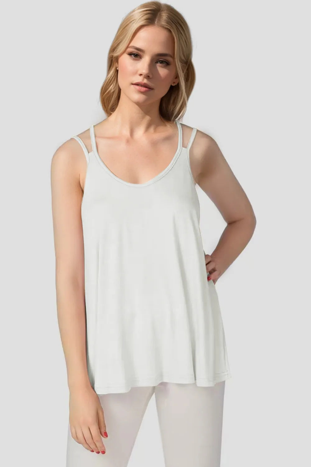 Basic Bae bamboo scoop neck cami, white, double spaghetti straps and relaxed fit