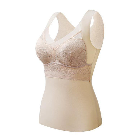 Thermal padded wireless bra in cream with lace cups and wide curved straps