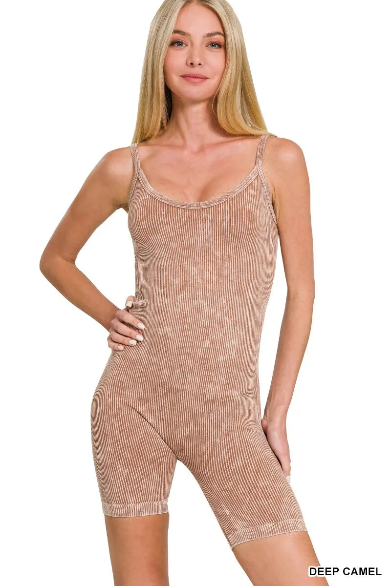 Deep camel stone-washed ribbed seamless romper, wide straps, bike shorts