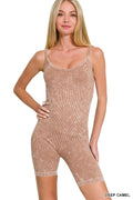 Deep camel stone-washed ribbed seamless romper, wide straps, bike shorts