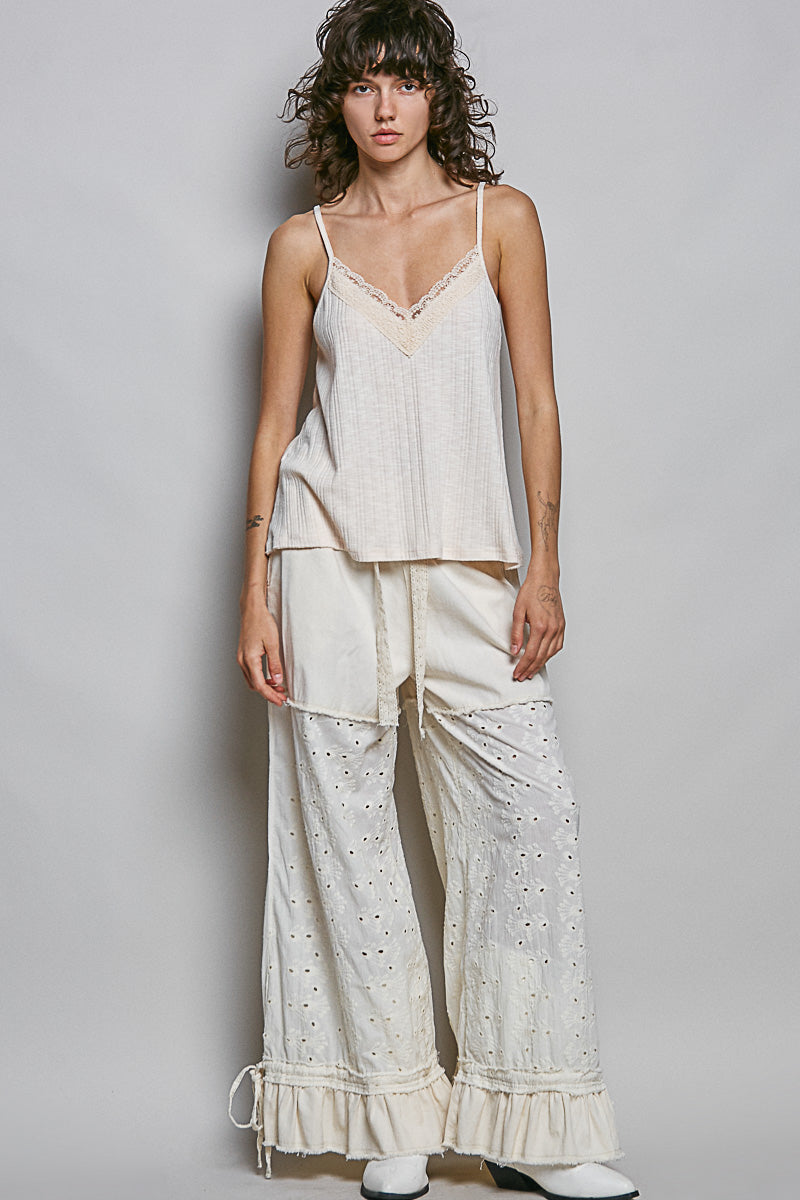 Lace V-neck textured knit cami, almond with lace-trim V and flowy hem