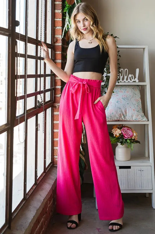 Watermelon pink paperbag waist pants with front tie, plus-size wide-leg trousers