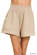 Washed double gauze shorts in ash mocha, elastic waistband and side patch pockets