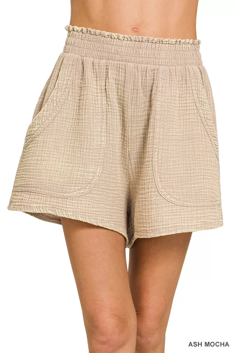 Washed double gauze shorts in ash mocha, elastic waistband and side patch pockets