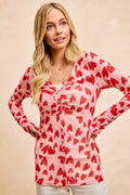 Blush/red heart print button-down mesh shirt with ruched front and gold buttons