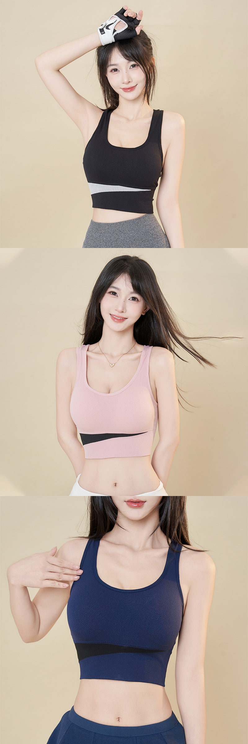 3-pack wire-free sports bras with racerback; black, blush pink, navy blue