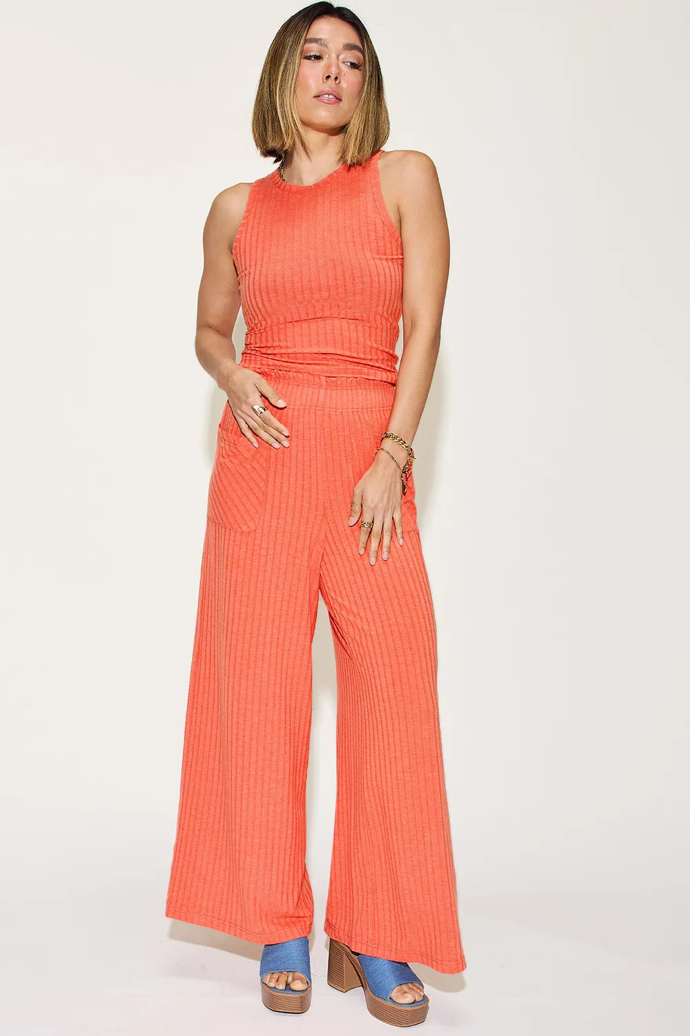 Orange ribbed tank and wide-leg pants set with sleeveless crew neck