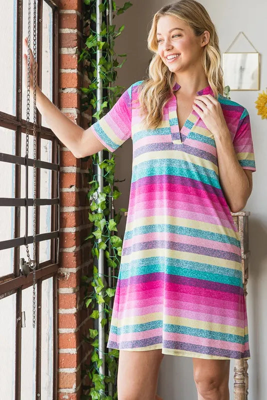 Pink multi striped mini tee dress, short sleeves, relaxed fit with polo button neckline