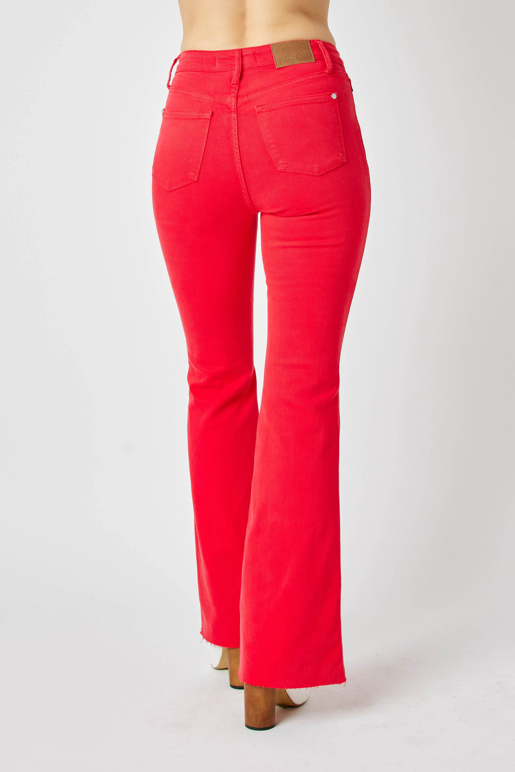 Red flare jeans, back view with two back pockets and high-rise waistband