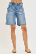 Medium-wash slouchy jorts with two-button detail and pockets