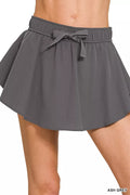 Ash grey soft woven active skort with elastic waistband and tie bow