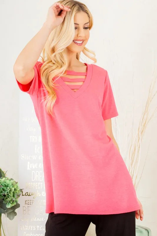 Neon pink V-neck short-sleeve T-shirt with layered strap bar detail