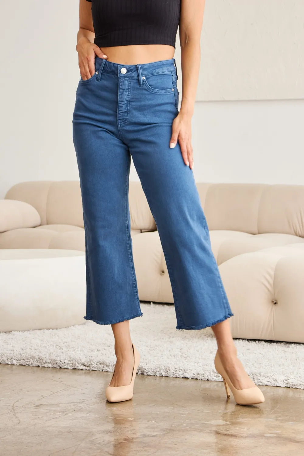 Blue Slate high-waist jeans with raw hem and wide straight-leg cut