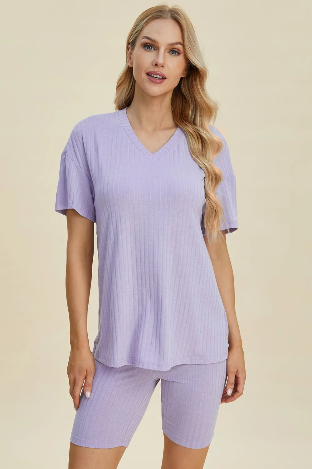 Lavender ribbed V-neck short-sleeve top and matching biker shorts set