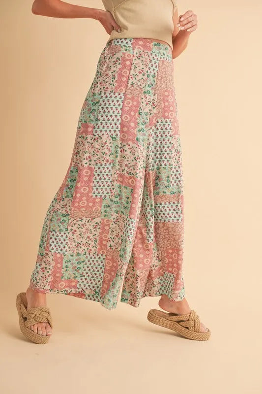Patchwork wide-leg pants in mint/pink with flowing wide legs and allover print