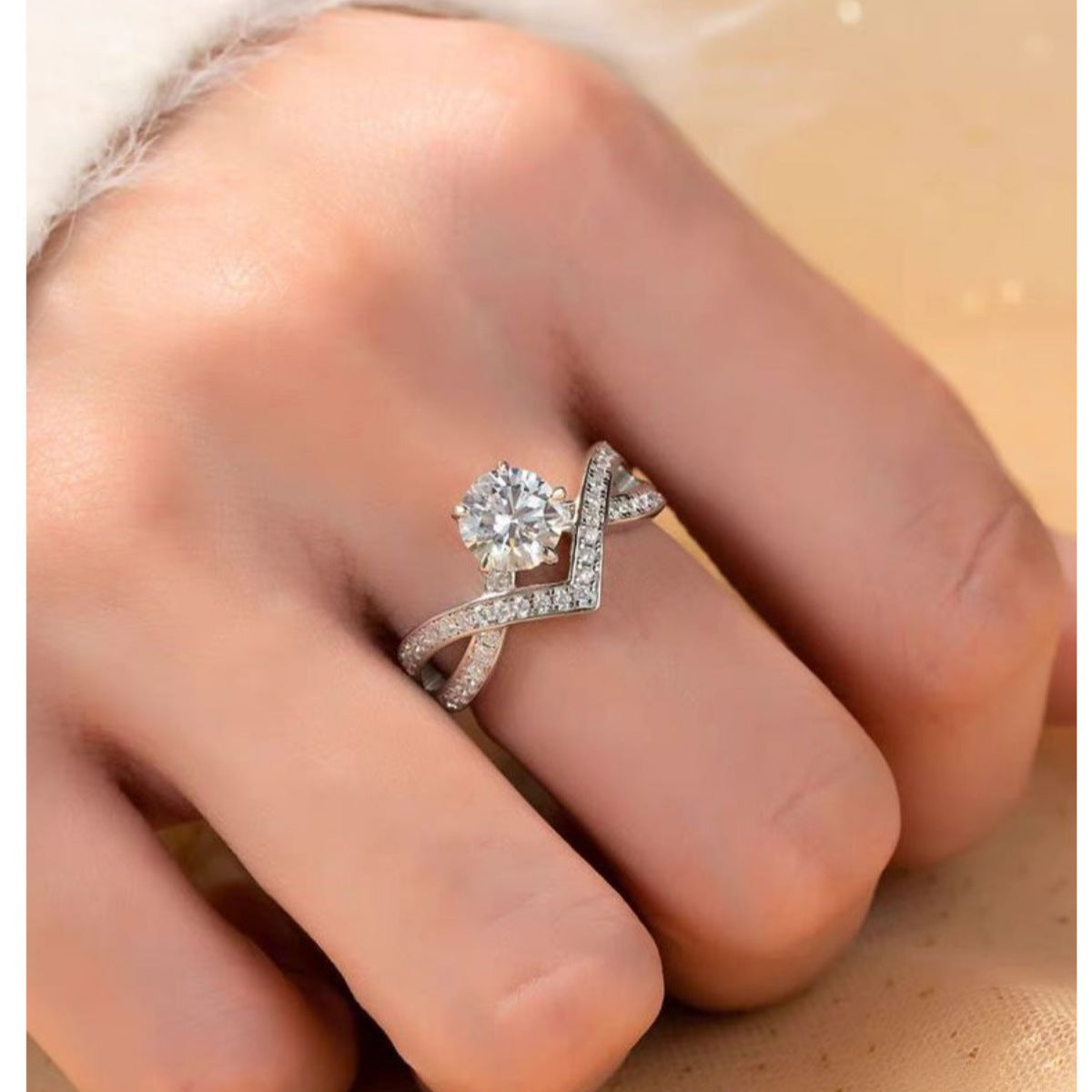 Sterling silver moissanite ring, round center stone with sparkling side pavé