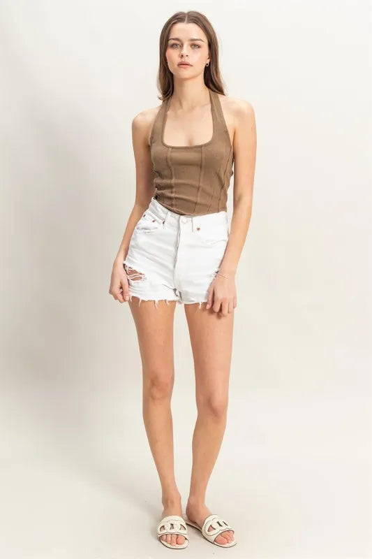 Mineral Wash Halter Neck Top, Mocha; ärmellos mit U-Ausschnitt