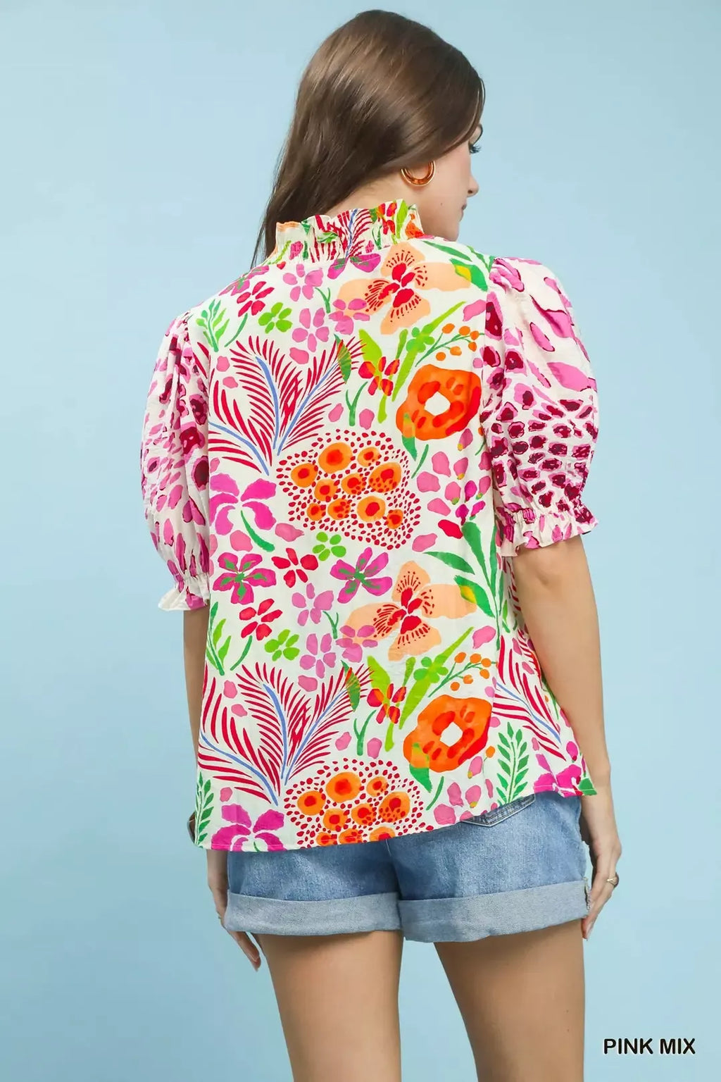 V-neck ruffle-trim puff-sleeve top, back view, colorful pink mix floral print