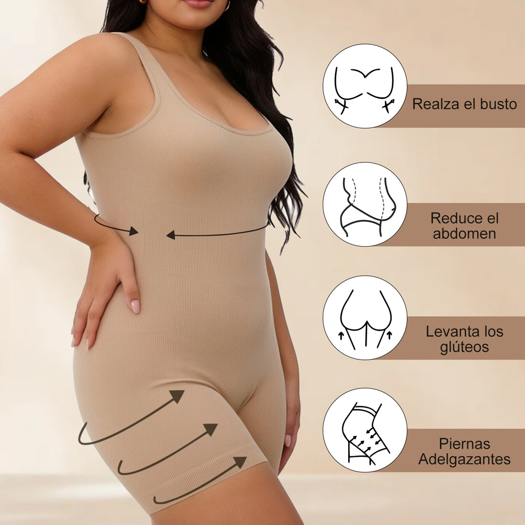 Beige womens compression waist trainer bodysuit with scoop neckline and short legs