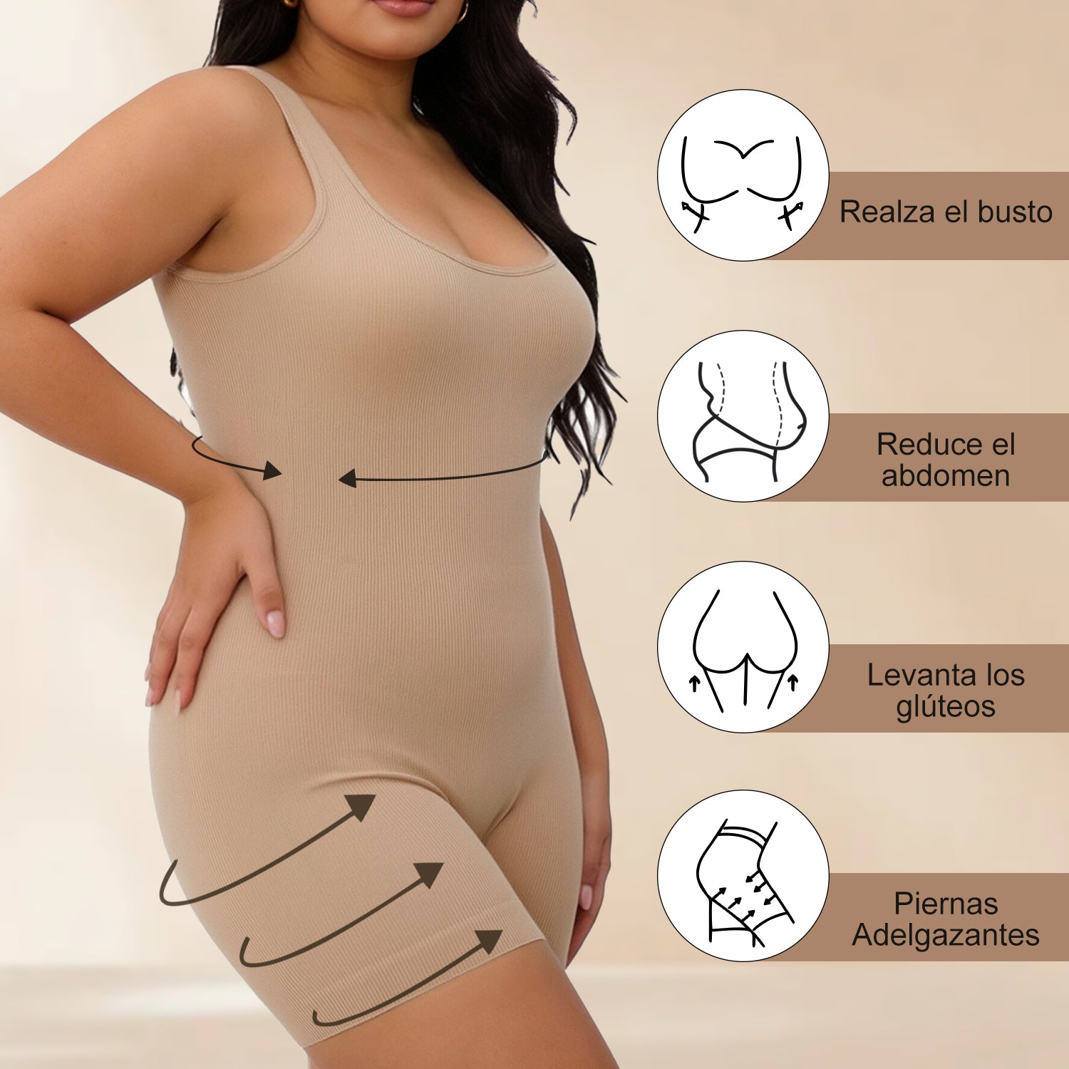 Beige womens compression waist trainer bodysuit with scoop neckline and short legs