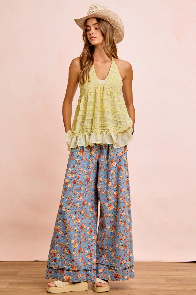Denim floral wide pants with drawstring waist and wide cropped-ankle silhouette