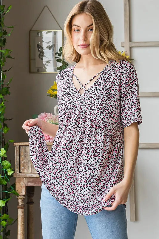 Babydoll-Top mit Leopardenmuster, gekreuzter Ausschnitt, Kurzarm, lockere Silhouette
