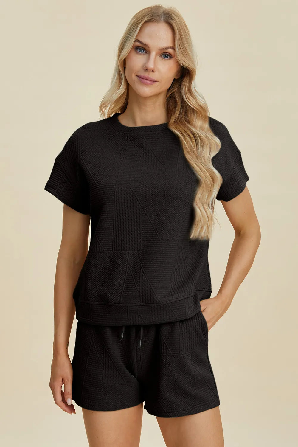 Black texture top & shorts set, short sleeves and drawstring waist, front angle view