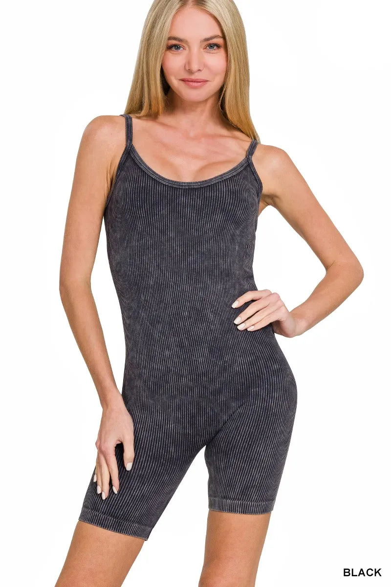 Black stone-washed ribbed seamless romper with spaghetti straps and scoop neckline
