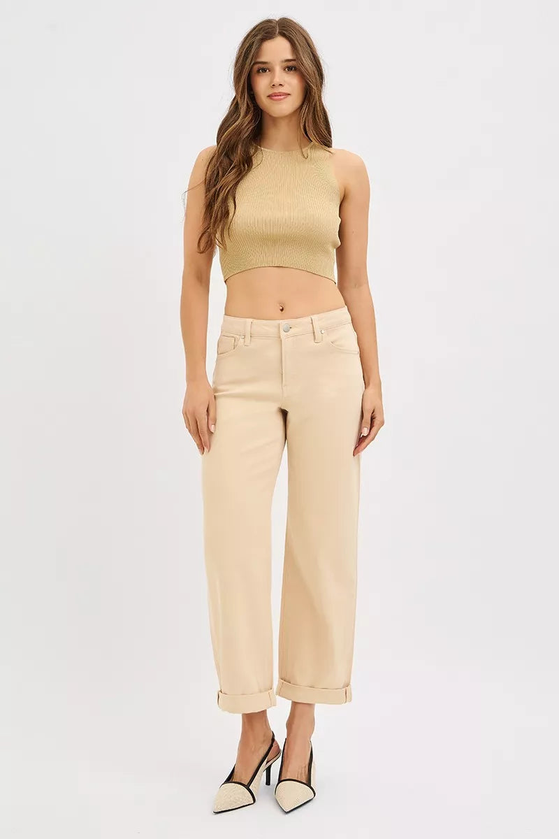 RISEN butter milk mid-rise tummy control barrel relaxed jeans, cuffed ankle length