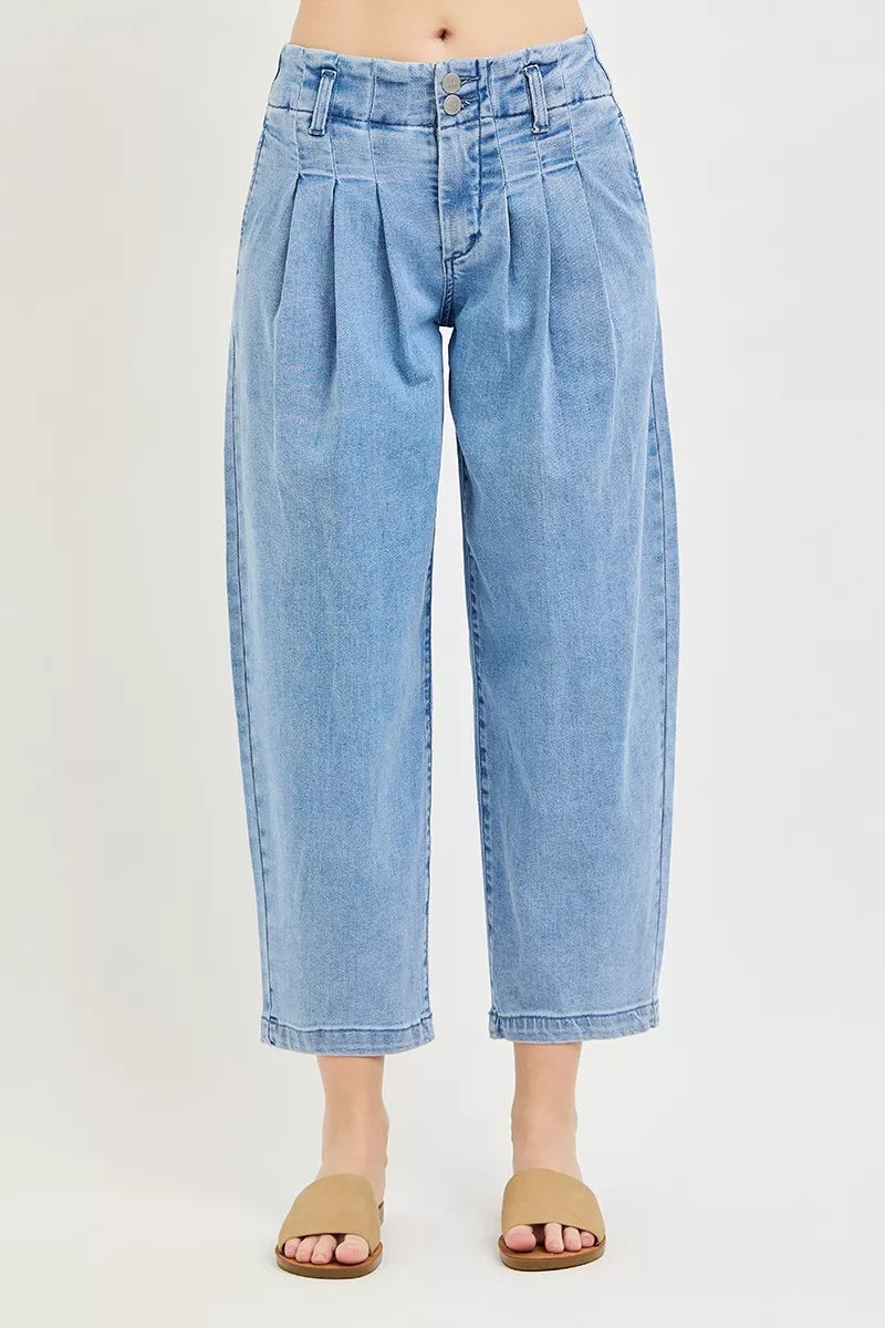 RISEN medium wash crop jeans with pleated barrel legs and button waistband
