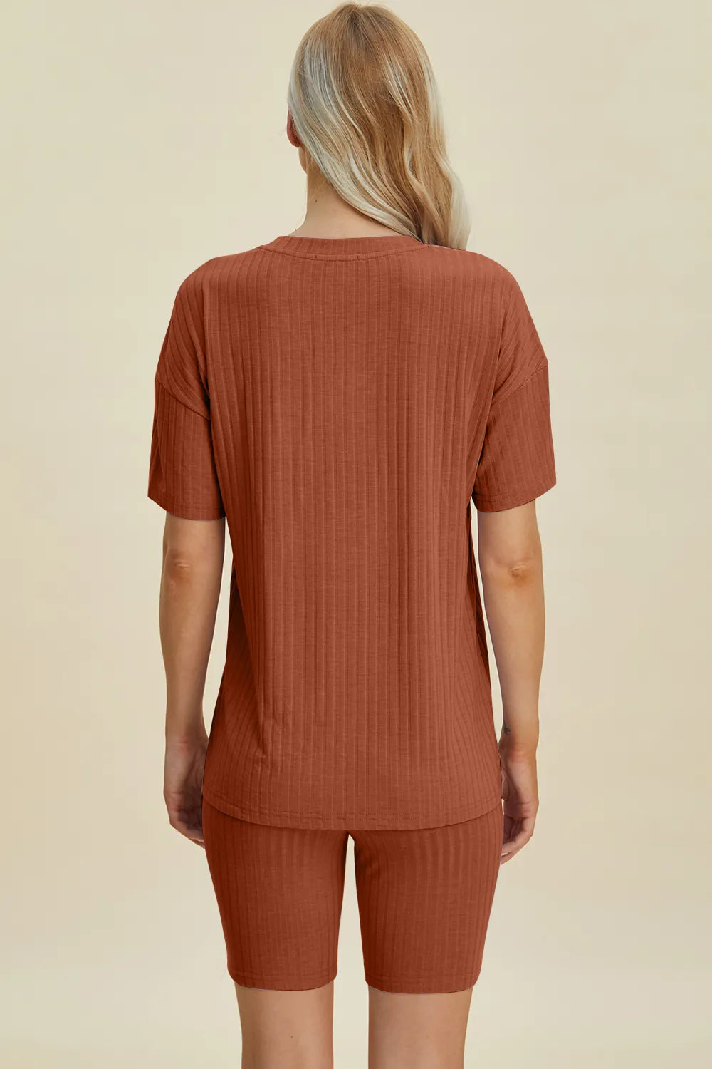 Rust brown ribbed V-neck short-sleeve top and biker shorts set, back view