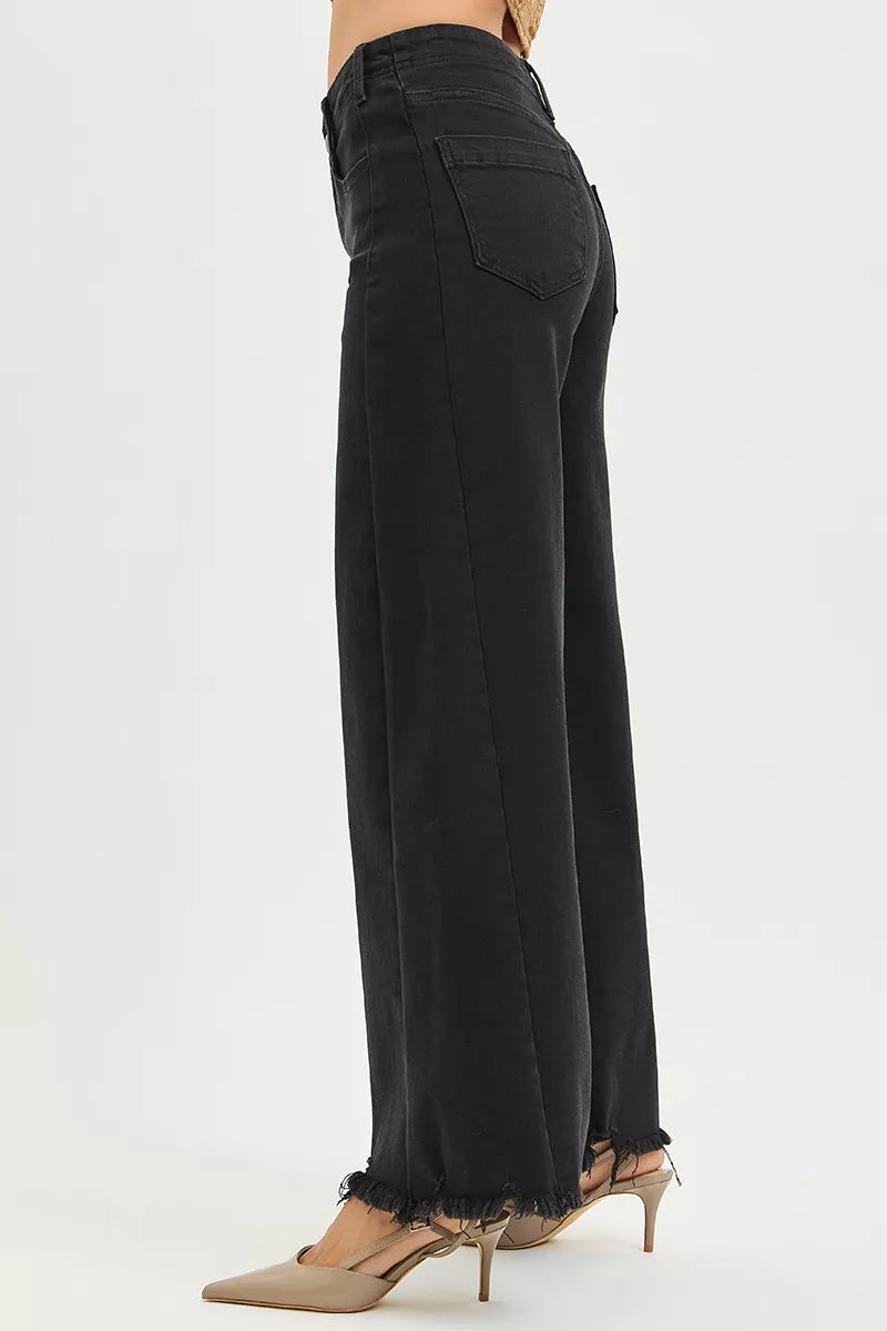 Black palazzo jeans back view, high-rise fit with frayed hem